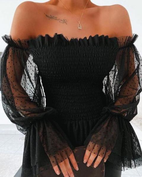 Elegancka bluzka z naszyjnikiem i przeźroczystymi rękawami Nylah, czarna