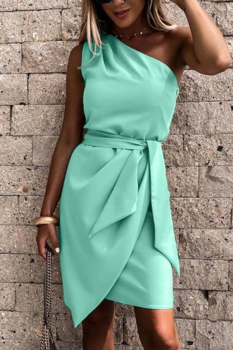 Elegancka sukienka mini z jednym paskiem i składaną spódnicą Ireland, turkusowa