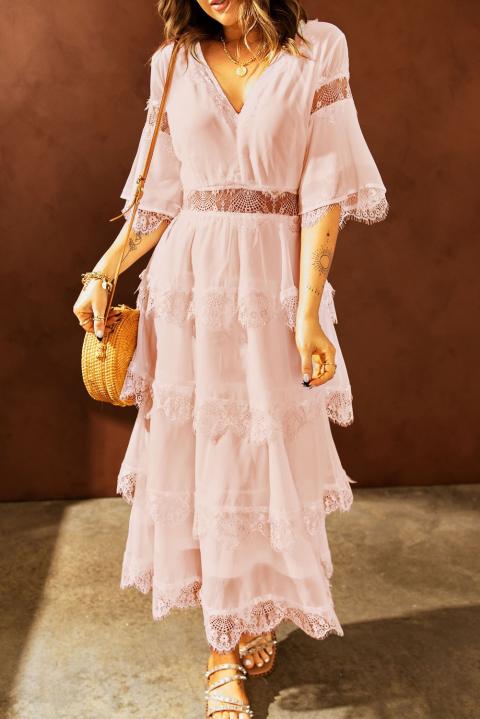 Elegancka sukienka midi z prześwitującymi koronkowymi wstawkami Tiziana, różowa