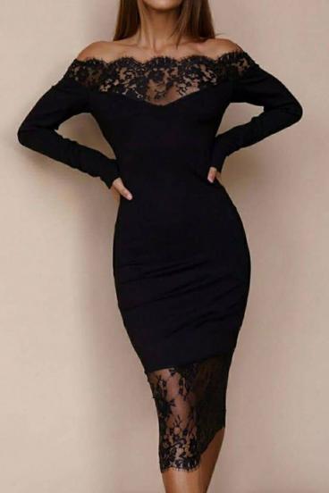 Elegancka sukienka midi z długim rękawem i prześwitującą koronką Avignon, czarna