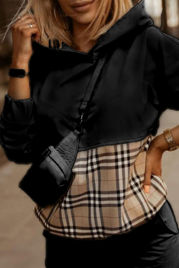 Bluza z kapturem i modnym nadrukiem w kratkę Mimma, czarna
