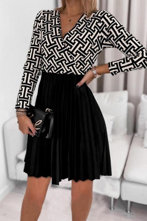 Elegancka mini sukienka z plisowaną spódnicą i geometrycznym nadrukiem Leonessa, czarna
