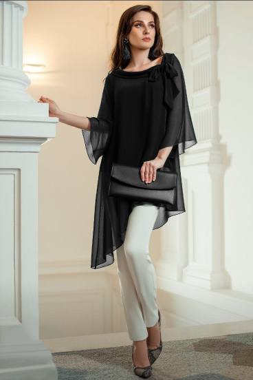 Elegancka prześwitująca tunika z ozdobną kokardką Ginette, czarna