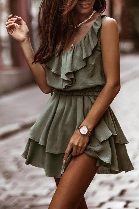 Elegancka sukienka mini z falbankami Caltana, oliwkowa