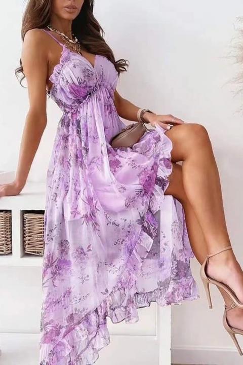 Elegancka sukienka maxi z nadrukiem Noalla, fioletowa