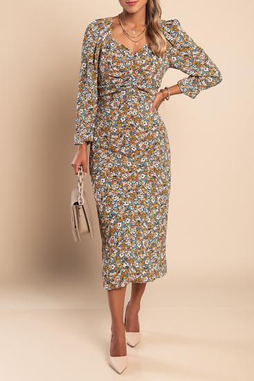 Elegancka sukienka midi w kwiatowy print Ferra, pomarańczowa