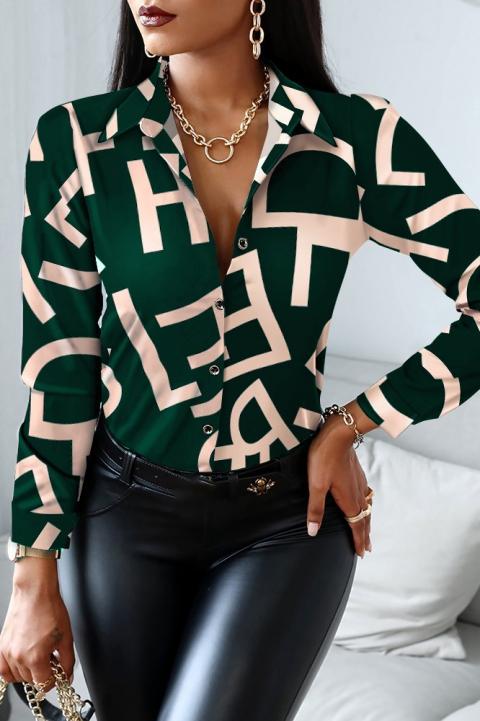 Elegancka bluzka z imitacji satyny z nadrukiem liter Medelina, zielona