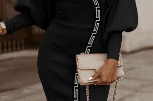Elegancka sukienka midi z geometrycznym nadrukiem, czarna