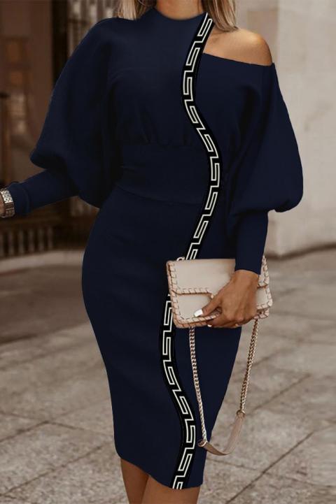 Elegancka sukienka midi z geometrycznym nadrukiem w kolorze niebieskim