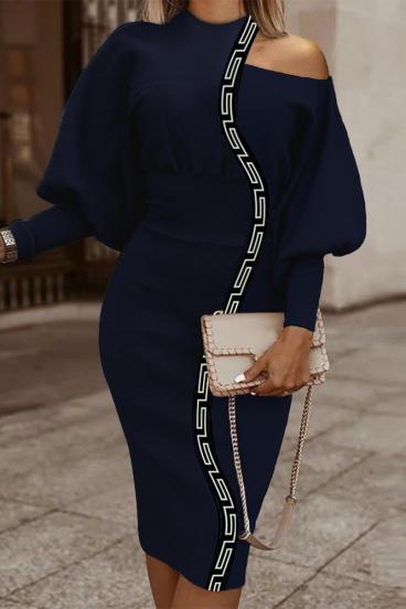 Elegancka sukienka midi z geometrycznym nadrukiem w kolorze niebieskim