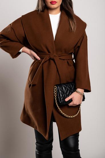 Elegancki krótki płaszcz z wywiniętym kołnierzem, kolor brązowy