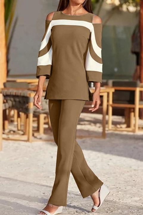 Elegancka koszulka i spodnie w kolorze camel