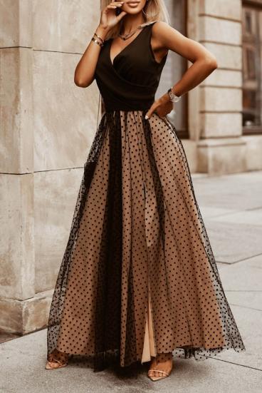 Elegancka sukienka maxi w kropki, czarna