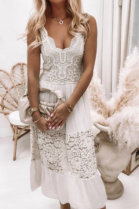Elegancka sukienka maxi z koronkowymi i szydełkowymi detalami, biała