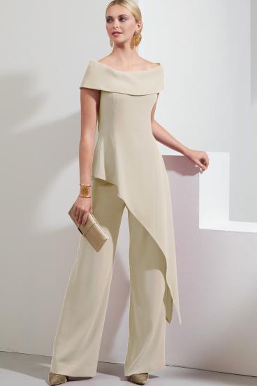 Elegancki asymetryczny komplet top i spodnie w kolorze beżowym