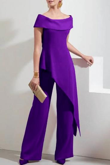 Elegancki asymetryczny komplet top i spodnie w kolorze fioletowym