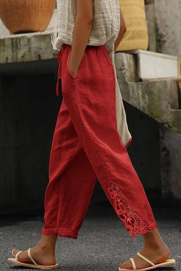 Eleganckie bawełniane spodnie z koronką, czerwone