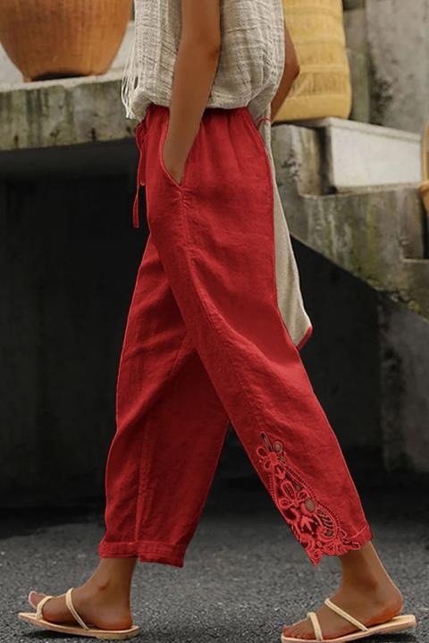 Eleganckie bawełniane spodnie z koronką, czerwone