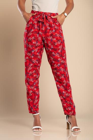 Długie bawełniane spodnie z kwiatowym nadrukiem, czerwone