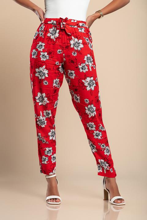 Długie bawełniane spodnie z kwiatowym nadrukiem, czerwone