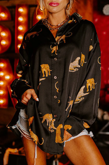 Długa koszula z nadrukiem gepard, czarna