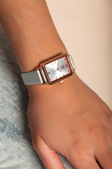 Elegancki zegarek z bransoletą ze sztucznej skóry, w kolorze jasnoszarym