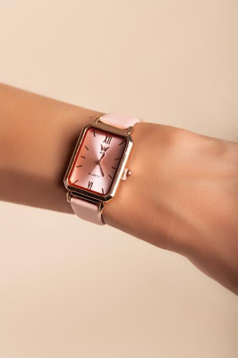 Elegancki zegarek z bransoletą ze sztucznej skóry w kolorze jasnoróżowym