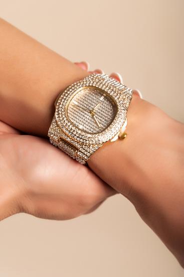 Elegancki zegarek z kryształkami, kolor złoty