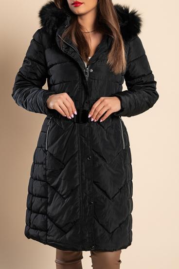 Plus size, dłuższa pikowana kurtka z kapturem, w kolorze czarnym