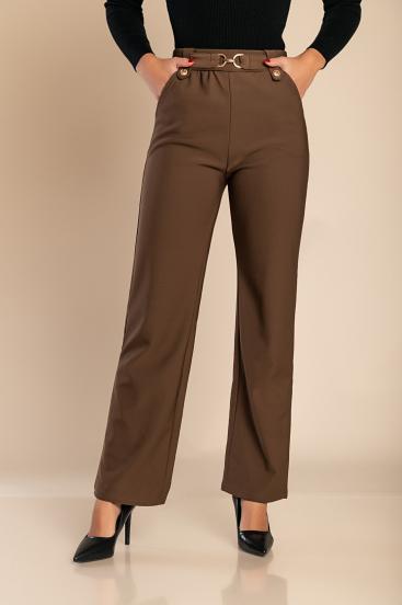 Modne spodnie z metalicznymi detalami, brązowe