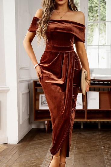 Sukienka midi ze sztucznego aksamitu w kolorze brązowym