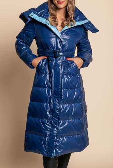Długa kurtka zimowa z kapturem w kolorze niebieskim