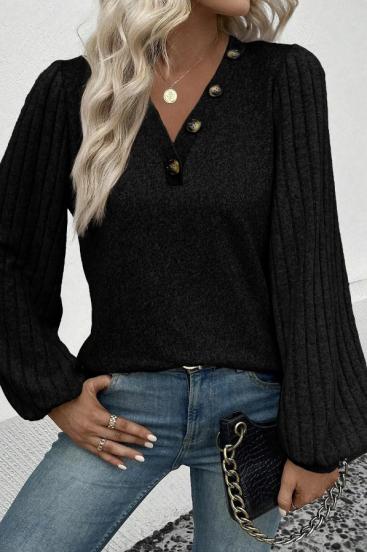 Sweter z prążkowanymi rękawami i ozdobnymi guzikami, czarny