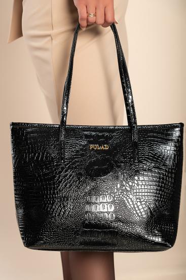 Duża torba ze wzorem krokodyla, czarna