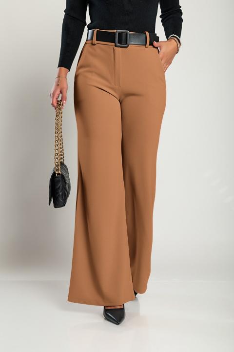 Eleganckie długie spodnie z paskiem Solarina w kolorze camelowym