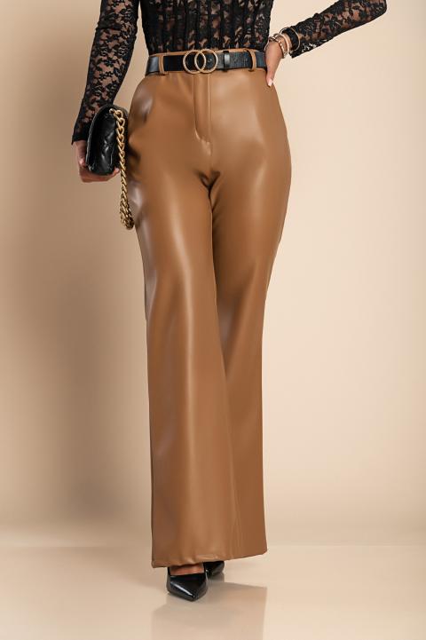 Eleganckie długie spodnie ze sztucznej skóry w kolorze camelowym