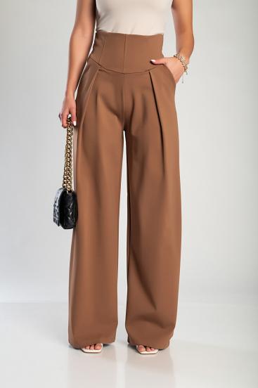 Eleganckie długie spodnie z wysokim stanem w kolorze camelowym