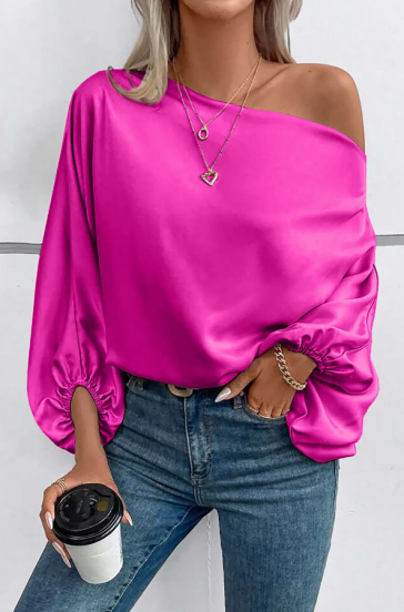 Elegancka bluzka z asymetrycznym dekoltem w kolorze różowym