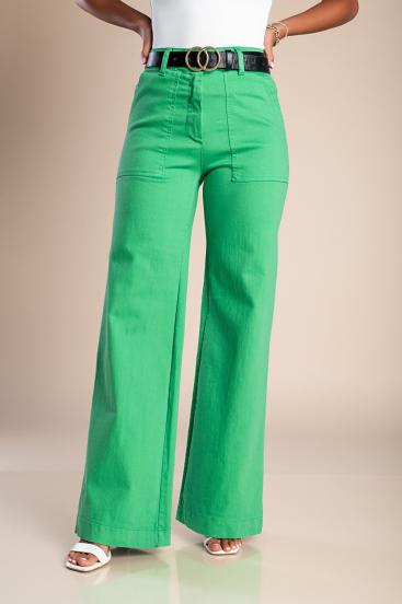 Spodnie bawełniane z szeroką nogawką w kolorze zielonym