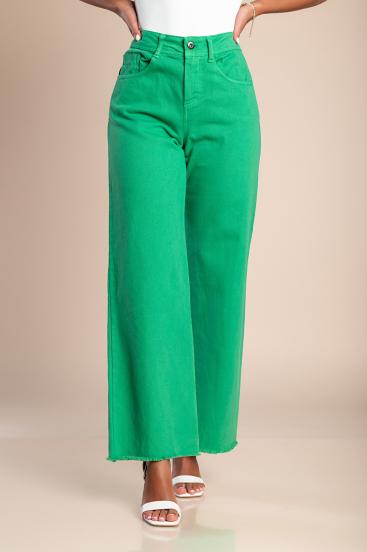 Spodnie bawełniane z szeroką nogawką w kolorze zielonym