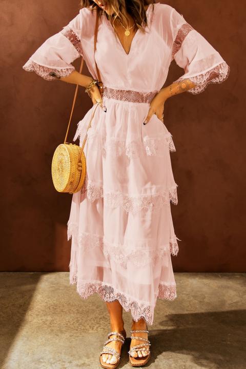 Elegancka sukienka midi z prześwitującymi koronkowymi wstawkami Tiziana, różowa
