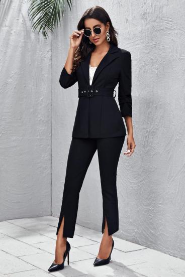 Elegancki komplet marynarka i spodnie z paskiem w kolorze czarnym