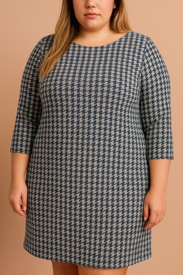 Sukienka midi plus size z nadrukiem w pepitkę, ciemnoniebieska