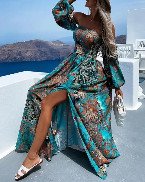 Elegancka sukienka maxi z nadrukiem Montella, jasnoniebieska
