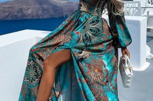 Elegancka sukienka maxi z nadrukiem Montella, jasnoniebieska