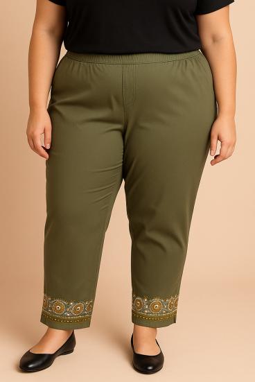Spodnie bawełniane plus size z haftem, oliwkowe