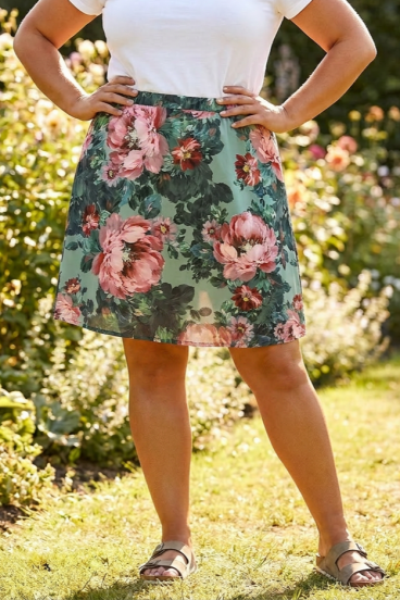 Spódnica plus size w kwiatowy wzór, zielona