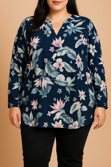 Bluzka plus size z kwiatowym nadrukiem, ciemnoniebieska