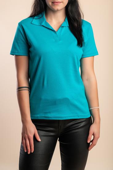 Koszulka bawełniana plus size z kołnierzykiem, turkusowa
