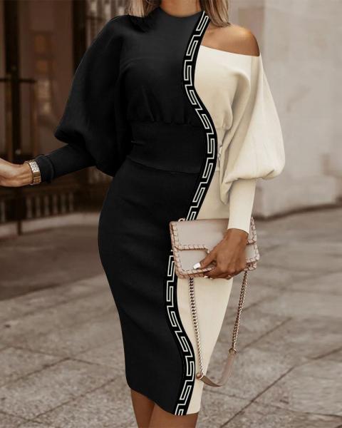 Elegancka sukienka midi z geometrycznym nadrukiem w kolorze czarno-beżowym